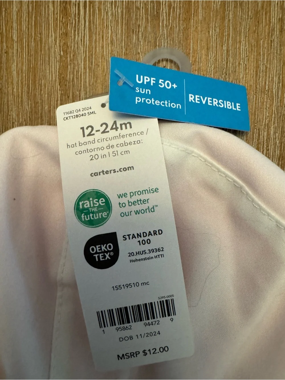 NWT Carter’s Reversible Sun Hat, size 12-24 months, white & pink